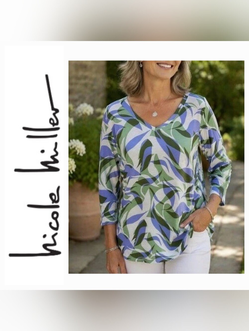 Nicole Miller NY 100% Linen Blue Green & White Print V-neck Tunic Top Sz 2X - Picture 1 of 9